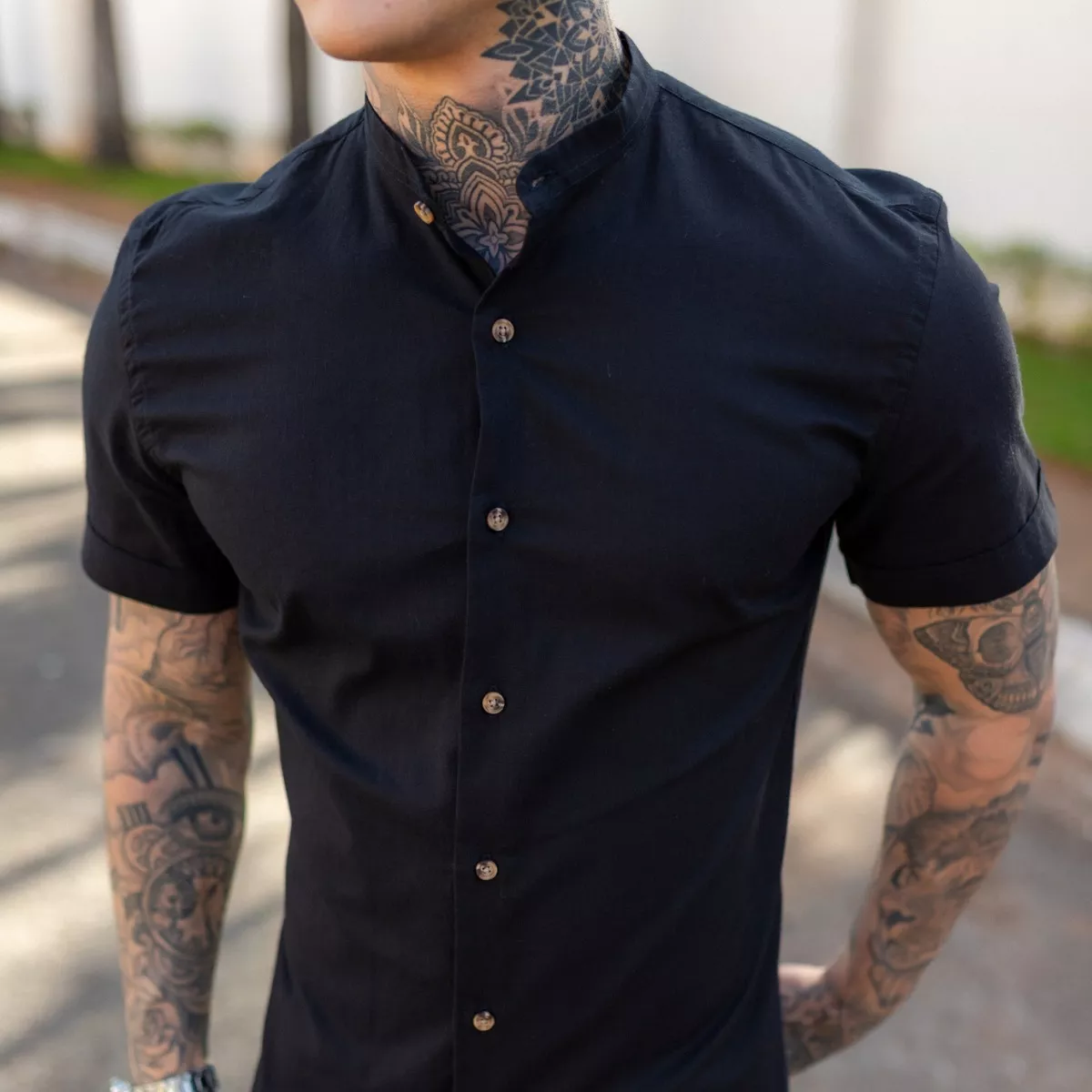 Camisa Social Masculina Manga Curta Gola Padre Slim Premium